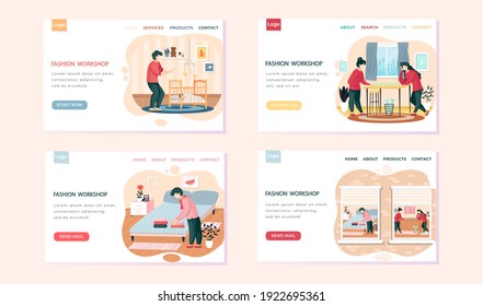 Fashion workshop landing page template set with designer making model. Workers of atelier sew dress, stylish clothes for new collection. Seamstresser neatly stacks clothes on bed in clothing store