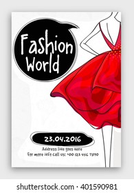 Fashion World Flyer, Template or Banner design with illustration of a young girl in modern dress.