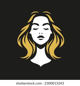 Fashion young beautiful woman head with golden hair and closed eyes logo for makeup artist vector flat illustration. Beauty female portrait minimalist silhouette icon t shirt print on black background