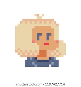 Fashion young girl character, blonde. Pixel art. Flat style. Female avatar, portrait, profile picture. Design of 80s. Game assets. 8-bit. Isolated vector illustration.