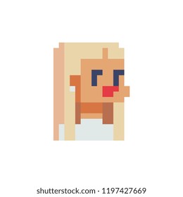 Fashion young girl character. Pixel art. Flat style. Female avatar, portrait, profile picture. Design of 80s. Blonde with  long hair. Game assets. 8-bit. Isolated vector illustration.