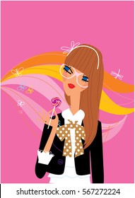 Fashion young girl wearing glasses and holding a lollypop. Vector illustration.