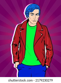 Modejunge, gut aussehende Männer, die mit der Hand in Taschen stehen. Lächelnder Casual Biker in roter Bridge Moto Leder Jacke. Illustration. Pop Art Comic-Stil, Retro, Vintage-Vektorgrafik