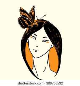 Fashion young woman face with butterfly in hair
