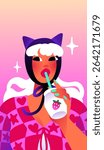 Fashion young woman holds glass bottle, drinks beverage with straw. Avatar of happy girl in trendy hat, bonnet cap. Female portrait with modern clothes, stylish headwear. Flat vector illustration