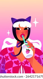 Fashion young woman holds glass bottle, drinks beverage with straw. Avatar of happy girl in trendy hat, bonnet cap. Female portrait with modern clothes, stylish headwear. Flat vector illustration