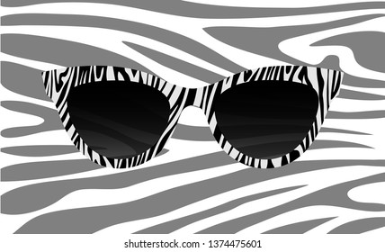 Fashion zebra glasses. Accessory Art collection cool design. Women's sunglasses, women's accessory. Zebra background, vector illustration.