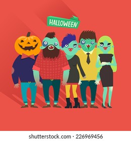 Fashion Zombies Crowd. Hipster Girls And Boys, Coworkers In Flat Design, Halloween Party In Office. Cartoon Funny Characters On Red Background. 