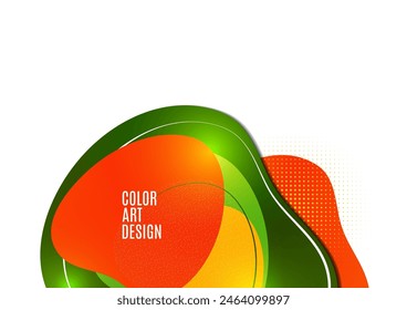 Fashionable abstract background. Overlay of shapes, fluids, dots, halftones. Bright colors. Template for your design. Vector illustration.