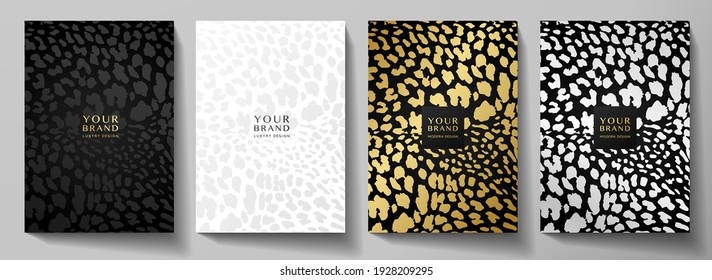 Fashionable abstract cover design set. Luxury black, gold, silver background with leopard pattern (animal print). Premium vector collection for brochure, notebook template