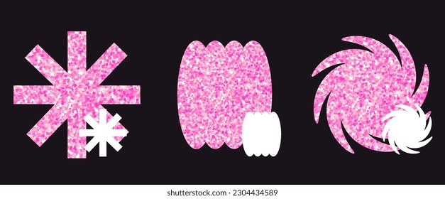 Modische abstrakte geometrische Formen. Elemente mit rosafarbenem Glitter. Trendelemente aus den 2000er Jahren. Elemente für die Gestaltung von Plakaten, Aufklebern. Vektorgrafik.