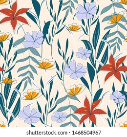 Fashionable abstract seamless background with colorful tropical leaves and flowers on delicate background. Vector design. Jungle print. Floral background. Printing and textiles. Exotic tropics. Summer