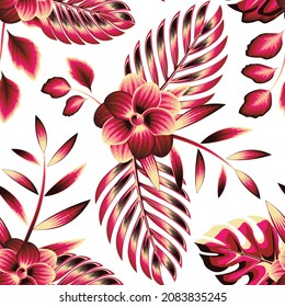 Fashionable abstract seamless background with colorful tropical leaves palm, monstera plant and flowers on white background. Vector design. Jungle print. Floral background. Exotic