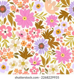 Fashionable abstract seamless background with colorful tropical leaves and flowers on a light yellow background. Vector design. Floral background. Printing and textiles. Summer.