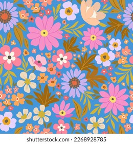 Fashionable abstract seamless background with colorful pink and purple leaves and flowers on a blue background. Vector design. Floral background. Printing and textiles. Summer.