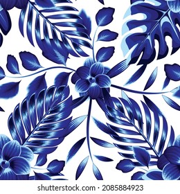 Patrón uniforme abstracto de moda con hojas tropicales monocromáticas azules y flores follaje sobre fondo blanco. Diseño de vectores. Impresión de la jungla. Fondo floral. Tropos exóticos. Verano