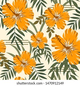 Fashionable abstract seamless pattern with tropical leaves and flowers on pastel background. Jungle seal. Vector design. The background floral. Textiles and printing. Exotic, tropical.