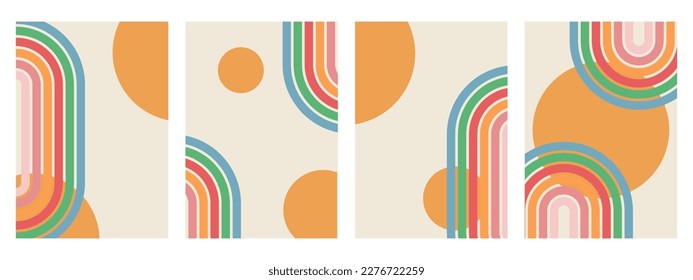 Un conjunto abstracto de moda de orígenes estéticos con un círculo y un arco iris. La decoración de las paredes de mediados del siglo XX, al estilo de los años 60 y 70. Diseño de vectores retro para redes sociales, post de blog, plantilla