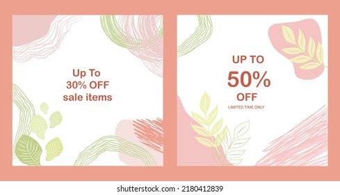 Fashionable abstract square template with leaves and geometric elements. Suitable for social media posts, mobile apps, banner design, packaging and online advertising. Vector trendy background.