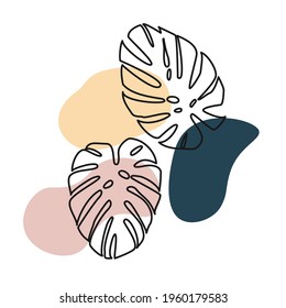 Fashionable abstraction from hand-drawn outlines of palm leaves and pastel spots. Universal vector template with tropical leaves, hand drawn shapes isolated on white background.
