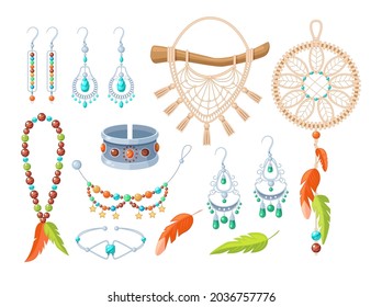 Fashionable accessories boho jewelry set. Multicolored bohemian accessory decorated by feathers, gems, stones and metallic elements. Stylish earrings, necklace, macrame, bangle, bijoux vector cartoon