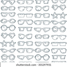 Fashionable accessories. Hand Drawn Doodle Glasses Seamless pattern. Different shapes sunglasses, eyeglasses - Black and white Vector illustration 