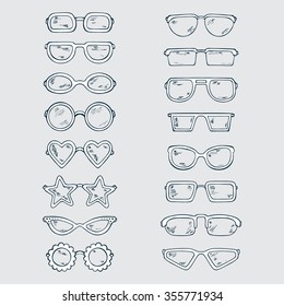 Fashionable accessories. Hand Drawn Doodle Glasses Set. Different shapes sunglasses, eyeglasses - Vector illustration 