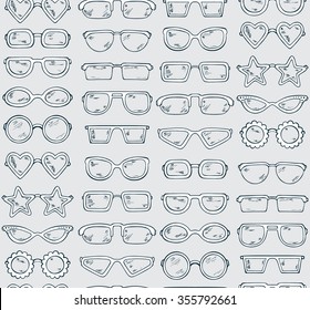 Fashionable accessories. Hand Drawn Doodle Glasses Seamless pattern. Different shapes sunglasses, eyeglasses - Vector illustration 