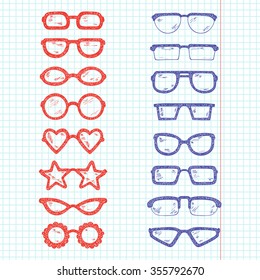 Fashionable accessories. Hand Drawn Doodle Glasses Set. Different shapes sunglasses, eyeglasses - Vector illustration 