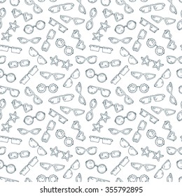 Fashionable accessories. Hand Drawn Doodle Glasses Seamless pattern. Different shapes sunglasses, eyeglasses - Black and white Vector illustration 