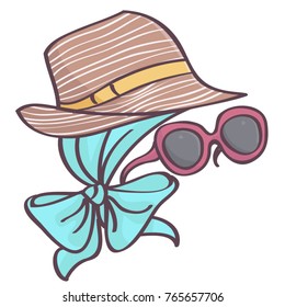 Fashionable accessories vector drawing set with cute brown hat, blue head scarf and big purple sunglasses all isolated on white background