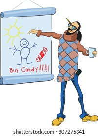 Fashionable advertiser is near the stand and tries to prove his innocence listeners