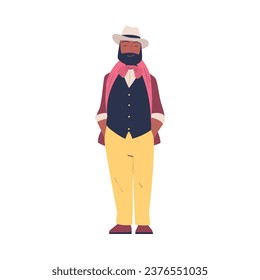 Fashionable African American Bearded Man Character in Hat Standing in Casual Clothes Vector Illustration