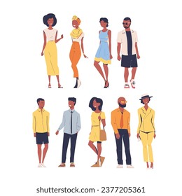 Fashionable African American People Character Standing in Casual Clothes Vector Set