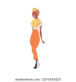 Fashionable African American Woman Character in Turban Standing in Casual Clothes Vector Illustration