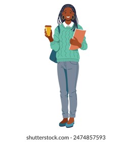 Fashionable African American woman in a green sweater and blue jeans smiling while holding a coffee cup and a book, emanating joy and carefree energy in a stylish manner. Isolated on white background