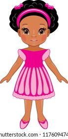 Fashionable afro little girl in pink dress. Cartoon drawing. Vector