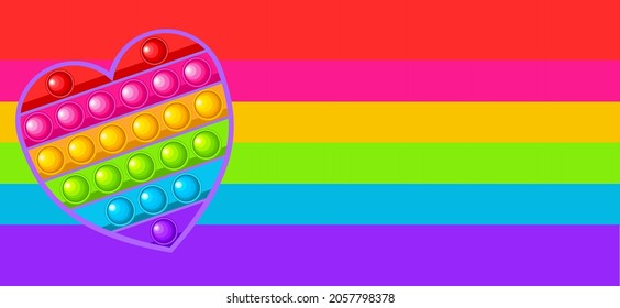 Fashionable anti-stress game, in the shape of a heart. Handmade toy in rainbow colors and on a rainbow background. Vector illustration. Pop it. Simple Dimple.