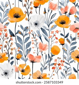 Fashionable Aqua Terra Brown French Grey White Abstract Wild Daisy Flower Elegant Leaf Watercolor Scandinavian Design Seamless Pattern Wallpaper Curtain Bedding Upholstery Pastel Background Vector