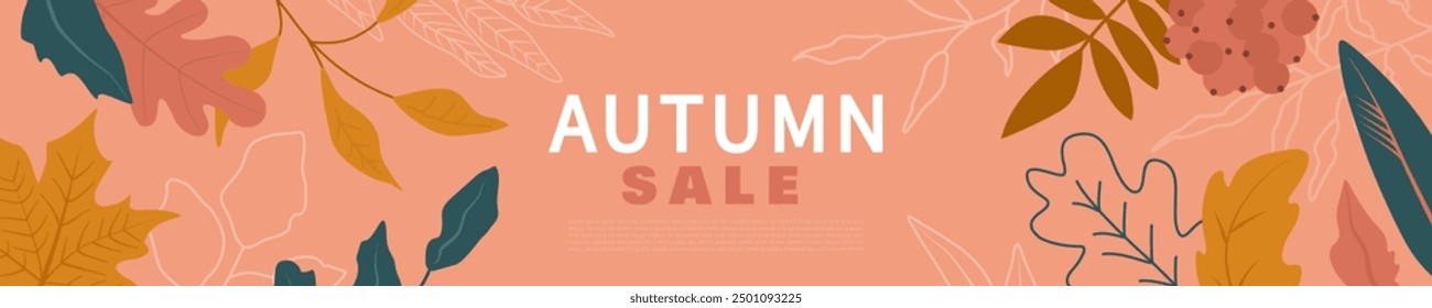 Fashionable Autumn banner with autumn leaves and plants. Modern autumn poster in warm colors with grainy texture. Autumn background, web banner or flyer design. Template for advertising, printing, pac