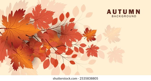 Fashionable Autumn banner with autumn leaves and plants. Modern autumn poster in warm colours with grainy texture. Autumn background,