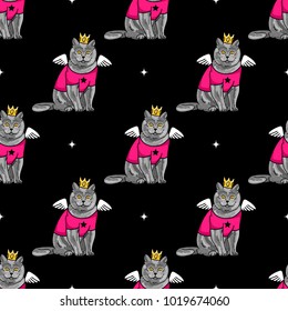 Fashionable background with British cats in a pink shirt in the crown and wings. Seamless pattern with animal. 