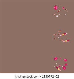 Fashionable background with lipstick, lips and pearls. Background with a kiss.
