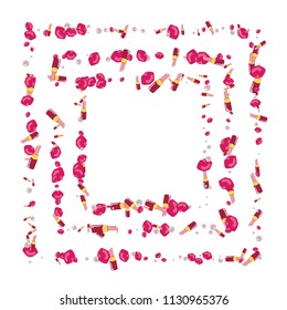 Fashionable background with lipstick, lips and pearls. Background with a kiss.