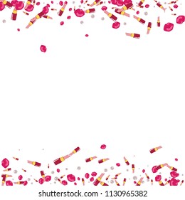 Fashionable background with lipstick, lips and pearls. Background with a kiss.