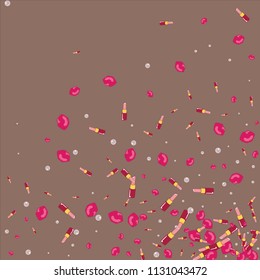 Fashionable background with lipstick, lips and pearls. Background with a kiss.