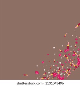 Fashionable background with lipstick, lips and pearls. Background with a kiss.