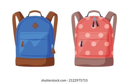 Fashionable Backpack or Rucksack with Two Straps Carried Over Shoulder Vector Set