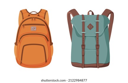 Fashionable Backpack or Rucksack with Two Straps Carried Over Shoulder Vector Set