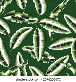 Fashionable banana leaves seamless tropical pattern with green monochromatic color style on pastel background. Beautiful exotic plants. Trendy summer Hawaii print. fabric prints texture. wallpaper 